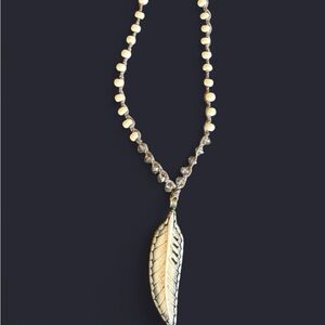 Source Unknown Silver Feather Necklace with Cream Beads